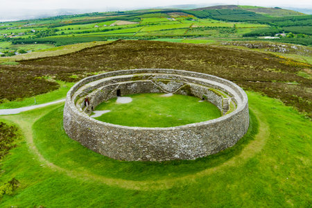 Grianan of Aileach, ancient drystone ring fort, part of larger prehistoric structures complex, located on top of Greenan Mountain in Inishowen, Co. Donegal, Ireland.の写真素材