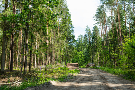 A quiet dirt road winds through a lush green forest with stacks of freshly cut timber on the side, bathed in dappled sunlight.の写真素材