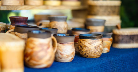 Ceramic dishes, tableware and jugs sold on Kaziuko muge or Kaziukas spring fair, traditional Easter market in Vilnius, Lithuaniaの写真素材