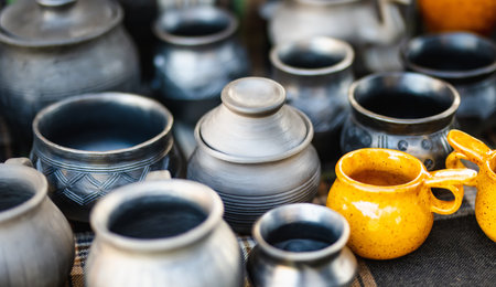 Ceramic dishes, tableware and jugs sold on Kaziuko muge or Kaziukas spring fair, traditional Easter market in Vilnius, Lithuaniaの写真素材