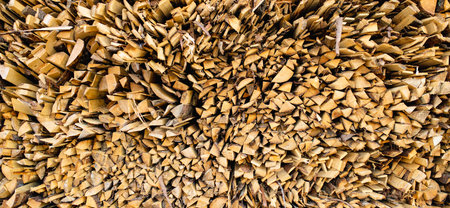 Tightly packed pile of split firewood arranged in an organic pattern, with earthy textures revealing...