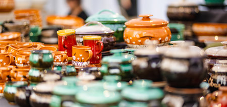 Ceramic mugs sold during Nations Fair, where masters from the national communities of Lithuania present their arts, crafts, and traditions.の写真素材