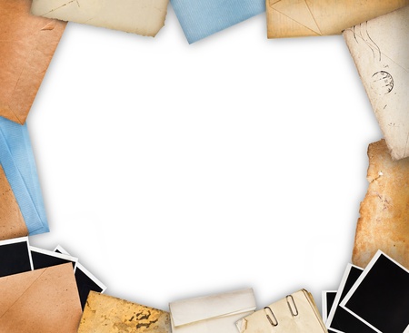 Frame with old paper and instant photos  Objects over white backgroundの写真素材