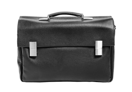 Black leather briefcase isolated on white background の写真素材