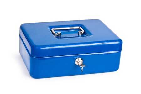 Blue metal cash box isolated on white background. 