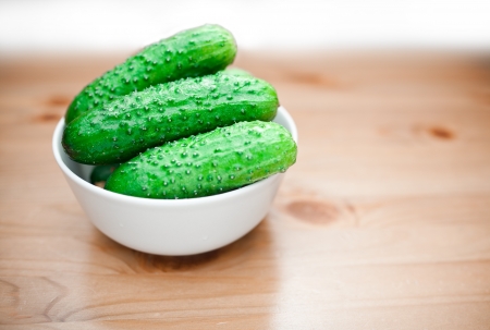 Fresh green pickling cucumbers in bowl の写真素材