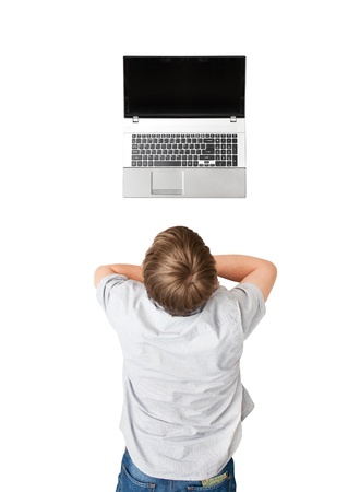 Man working on the laptop, isolated on whiteの写真素材