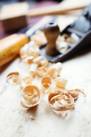 Hand jack plane and wood chips の写真素材