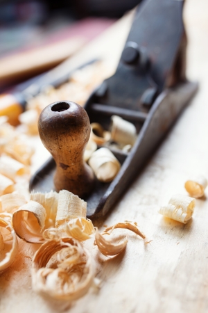 Hand jack plane and wood chips の写真素材