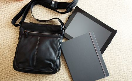 Modern man accessories. Things from open bagの写真素材
