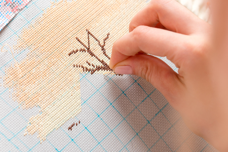 Woman hands doing cross-stitch. A close up of embroidery.の写真素材