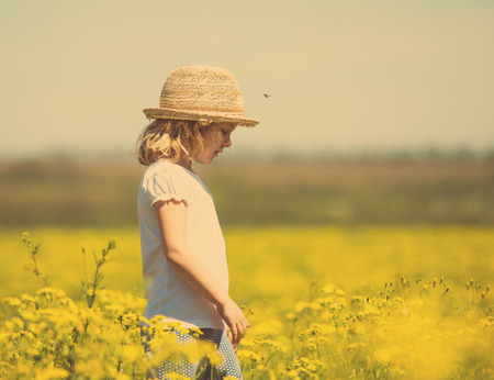 Little girl in field, summer outdoorの写真素材