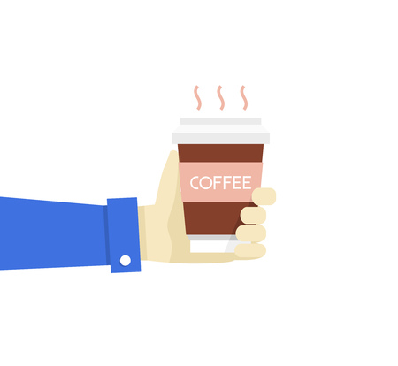 illustration hand holding disposable coffee cup. Flat style.のイラスト素材