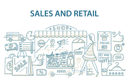 Doodle style design concept of retail commerce and shopping.のイラスト素材
