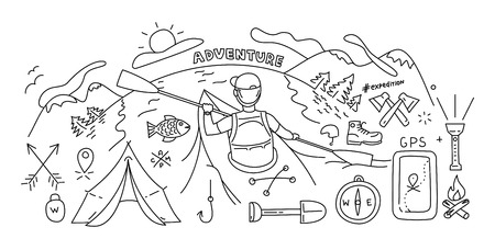 Line style design concept of outdoor recreation and travel. Black and whiteのイラスト素材