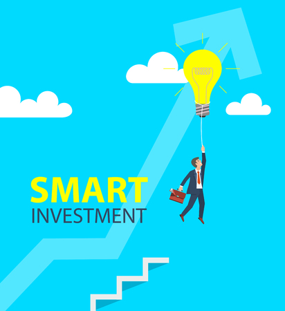 Smart business investment. Businessman flying on big light bulb. Vector illustrationのイラスト素材