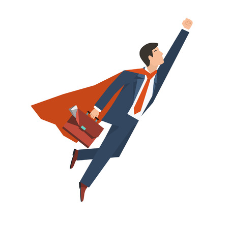 Businessman in a suit superhero flies up. Leadership and business growth concept. Flat design. Vector illustrationのイラスト素材