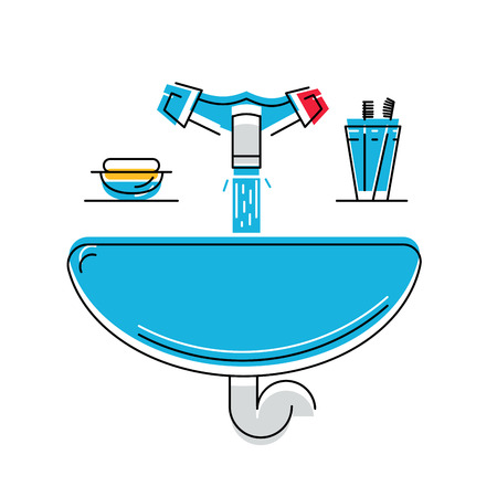 Bathroom sink with soap and toothbrushes, line style vector illustration, personal hygiene.のイラスト素材