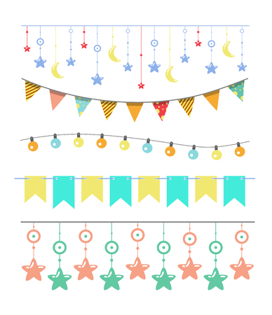 Colorful bunting and garland set isolated on white, vectorのイラスト素材
