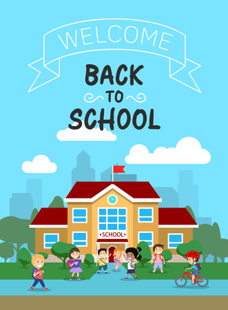 Vector illustration of school building with schoolkids, for poster or banner, etcのイラスト素材