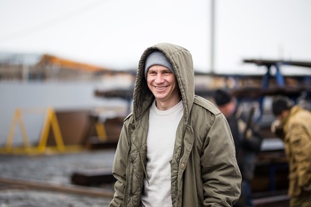 Close up of smile man wearing winter jacketの写真素材