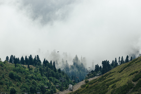 Beautiful clouds and fog among mountain forest landscapeの写真素材