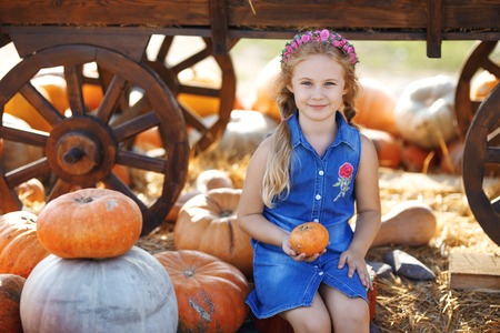 Happy school girl sitting between pumpkins at local farmer market in sunny autumn day.の写真素材