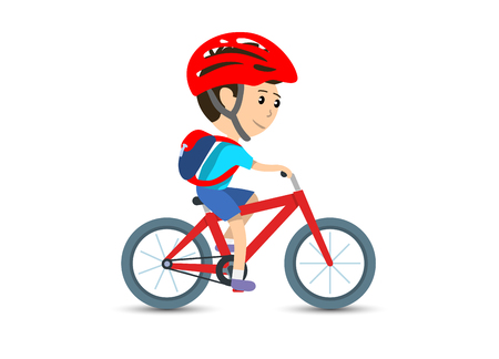 Teen kid school boy cycling on bicycle wearing backpack and helmet, vector illustrationのイラスト素材
