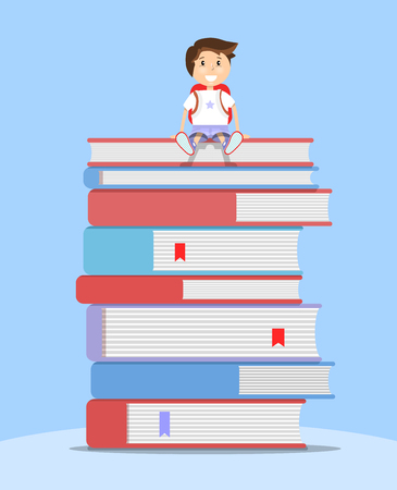 Schoolboy sitting on stack of books. Vector flat illustration. Education conceptのイラスト素材