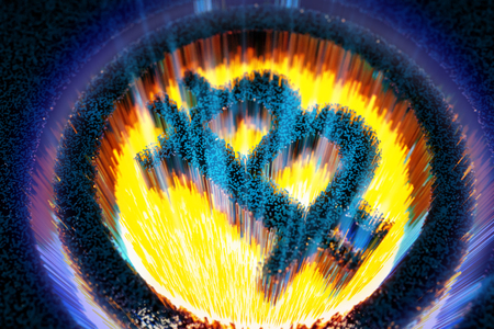 3d illustration pixelated bitcoin symbol made from cubes in glowing backlight.の写真素材