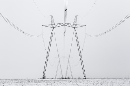 Hi-voltage electric power lines in a wintry foggy landscape, black and white photo.の写真素材