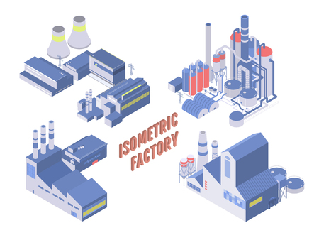 Set of four vector isometric industrial building, energy and chemical plant and other factoriesのイラスト素材