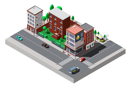 Vector isometric city buildings with cars and trees on the streetsのイラスト素材