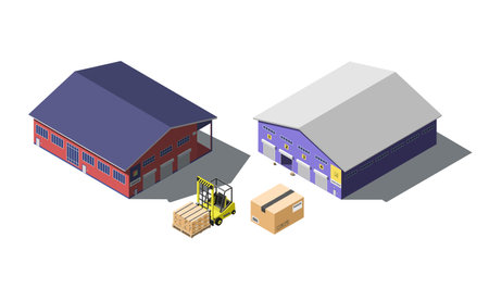 Warehouse building isometric set with forklift truck and cardboard boxes, isolated on whiteのイラスト素材