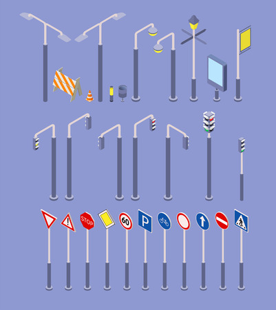 Isometric road objects icons set. Traffic street signs, lights, illustration of transportation signal signのイラスト素材