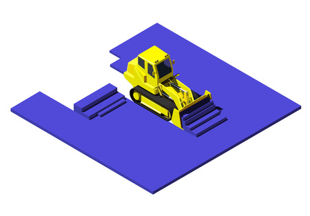 Yellow bulldozer pushing blue ground. Modern isometric construction vehicle illustration. Low poly styleのイラスト素材