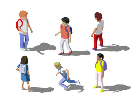 Vector isometric childrens, school students set. Low poly styleのイラスト素材