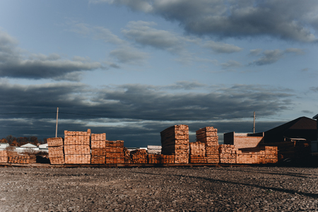 Logging company. Pile of pine boards ready for saleの写真素材