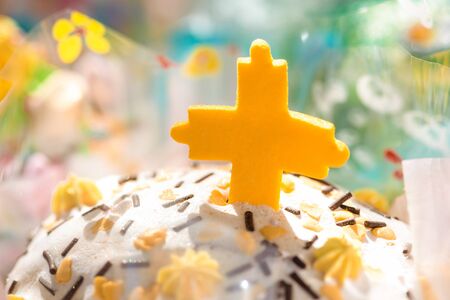 Beautifully decorated traditional Easter cakes on the eve of the celebration of Easter. Closeup...