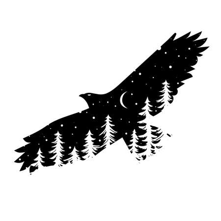 Silhouette of eagle with coniferous trees on the background of night sky with the moonのイラスト素材