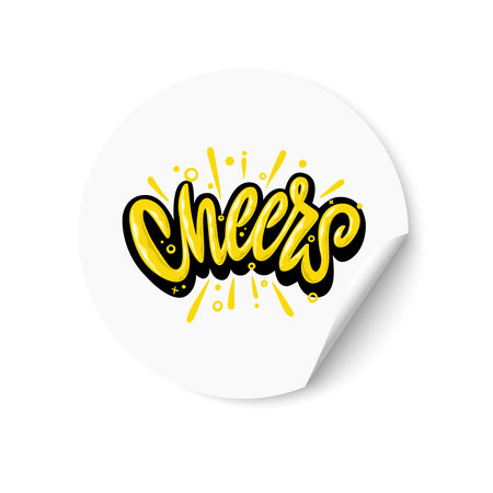 Cheers. White sticker with Cheers text. Hand lettering. Design for greeting cards, invitations, banners, gifts, prints and postersのイラスト素材