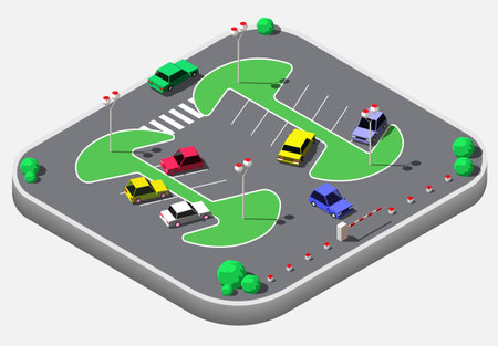 Isometric cars in a parking lot or car park. City parking vector web banner isometric vector style. Urban infrastructureのイラスト素材