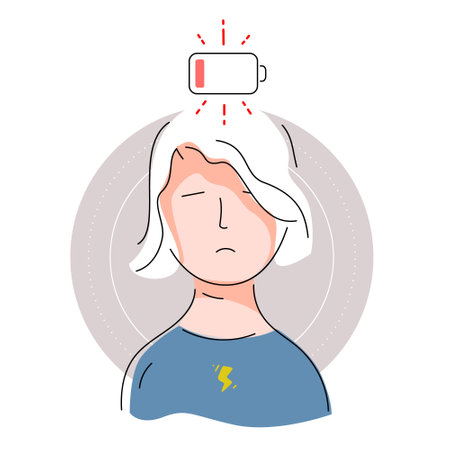 Tired woman with a low battery indicator above. Burnout, depression, fatigue, low energy person. Mental health conceptのイラスト素材