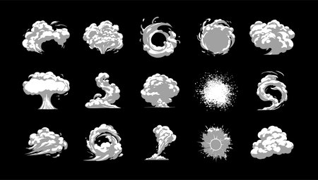 Explosion, burst fire effect of exploded dynamite with energy flashes, and smoke clouds cartoon collection. Vector illustrationのイラスト素材