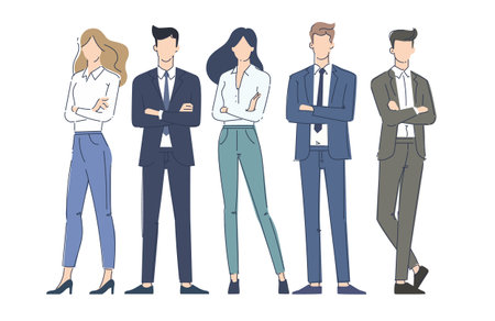 Business people standing together with team leader on the center. Vector illustration.のイラスト素材
