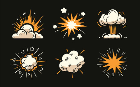 Bomb explosions, energy flashes cartoon collection. Vector illustration