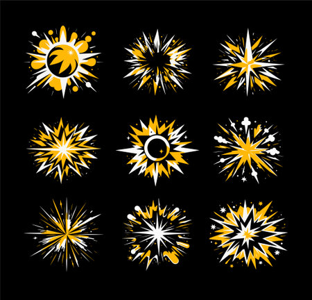 Explosions, energy flashes cartoon collection. Vector illustrationのイラスト素材