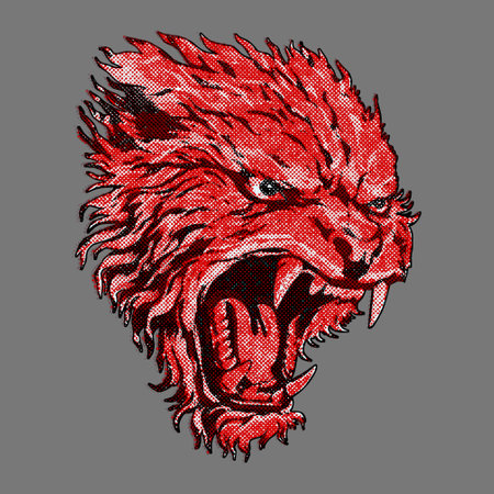 Angry grinning beast head, halftone dots effect. Vector mascot designのイラスト素材