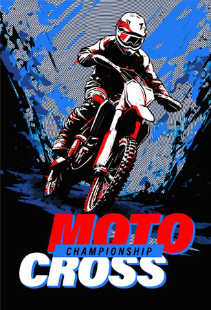 Motocross competition poster with motocross rider on dirt track, grunge background, halftone effect. Vector illustrationのイラスト素材