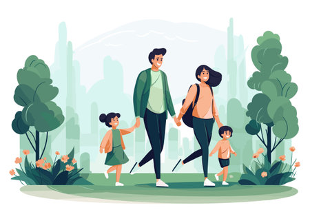 Family walking outdoor, Contemporary Trendy Flat vector illustrationのイラスト素材